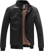 WenVen Men's Stand Collar Fleece Lined Bomber Faux Leather Jacket